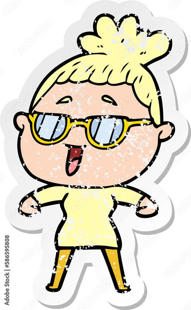 distressed sticker of a cartoon happy woman wearing spectacles distressed sticker of a cartoon happy woman wearing spectacles