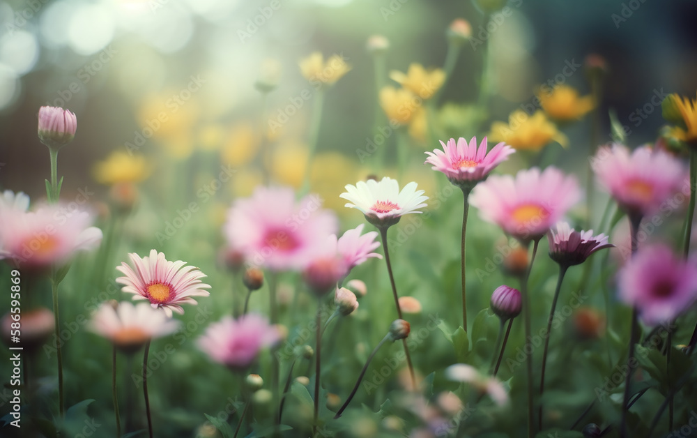 Gentle scene of a field with daisies and wildflowers in soft focus, conveying a serene, dreamy atmosphere of a spring meadow Gentle scene of a field with daisies and wildflowers in soft focus, conveying a serene, dreamy atmosphere of a spring meadow