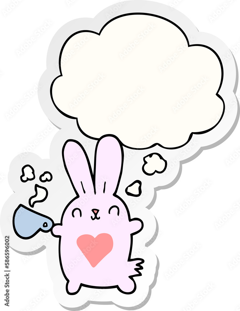 cute cartoon rabbit with love heart and coffee cup and thought bubble as a printed sticker cute cartoon rabbit with love heart and coffee cup and thought bubble as a printed sticker