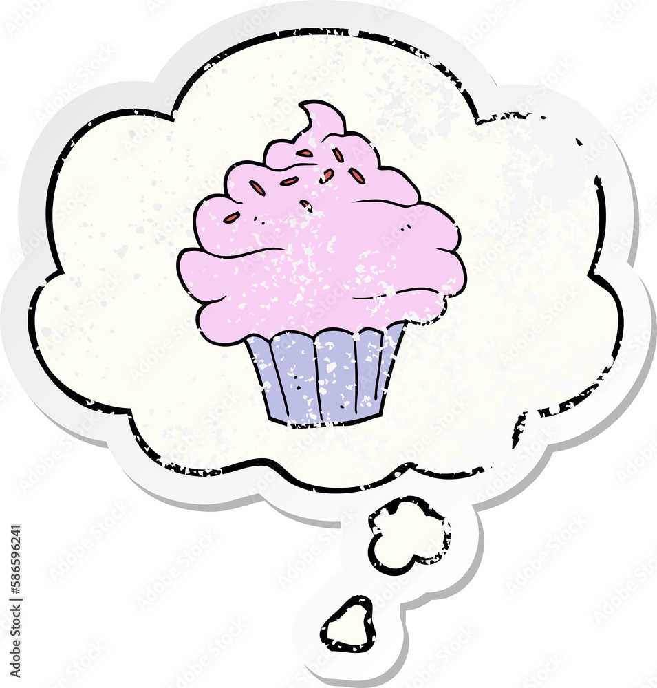 cartoon cupcake and thought bubble as a distressed worn sticker cartoon cupcake and thought bubble as a distressed worn sticker