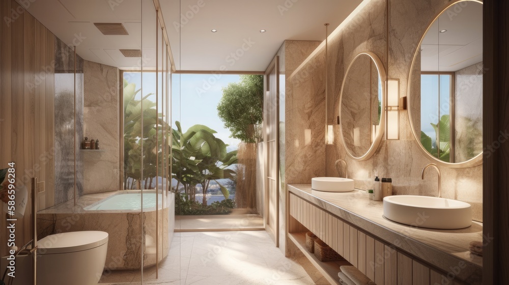 Fototapeta premium home interior design concept nature brown material colour material scheme master bathroom interior design background, image ai generate