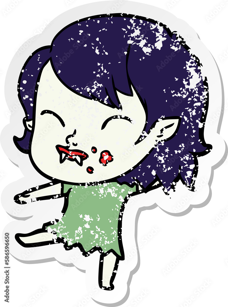 distressed sticker of a cartoon vampire girl with blood on cheek distressed sticker of a cartoon vampire girl with blood on cheek