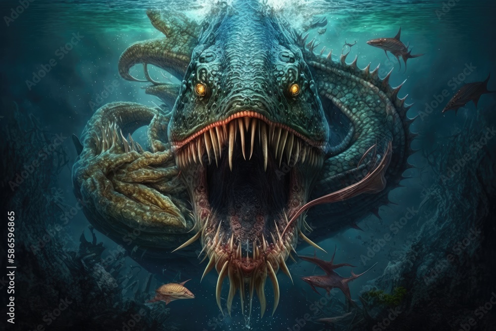 A large, aquatic creature with the head of a crocodile and sharp teeth Generative AI A large, aquatic creature with the head of a crocodile and sharp teeth Generative AI
