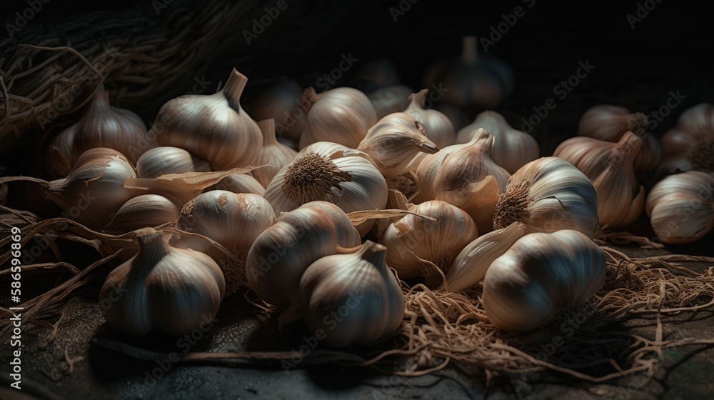 Beautiful organic background made of freshly picked garlic. Generative AI.