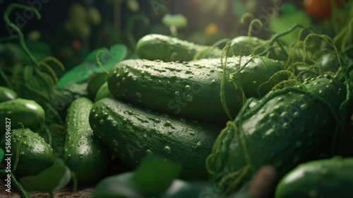 Beautiful organic background made of freshly picked Cucumber. Generative AI.