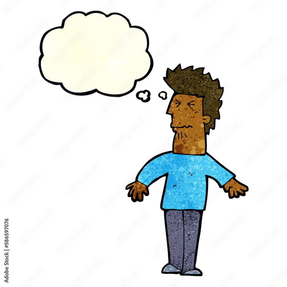 cartoon stressed man with thought bubble cartoon stressed man with thought bubble