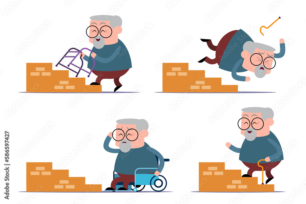 emotion cute vector, illustration flat cartoon character lifestyle senior man be careful going up the stair, fall and can't go up stairs with wheelchair.
