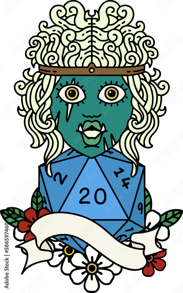 half orc barbarian character with natural twenty dice roll illustration half orc barbarian character with natural twenty dice roll illustration