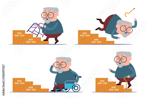 Obraz na płótnie emotion cute vector, illustration flat cartoon character lifestyle senior man be careful going up the stair, fall and can't go up stairs with wheelchair. w salonie