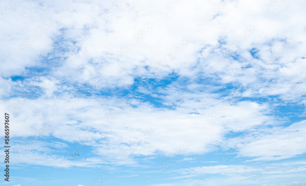 Beautiful blue sky and white clouds abstract background. Cloudscape background. Blue sky and fluffy white clouds on sunny day with birds flying. Nature weather. Beautiful blue sky on a summer day. Beautiful blue sky and white clouds abstract background. Cloudscape background. Blue sky and fluffy white clouds on sunny day with birds flying. Nature weather. Beautiful blue sky on a summer day.