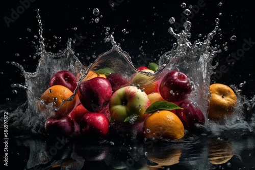 Fresh Fruit splash and submerge under water, summer banner, summer fruits, created with generative ai