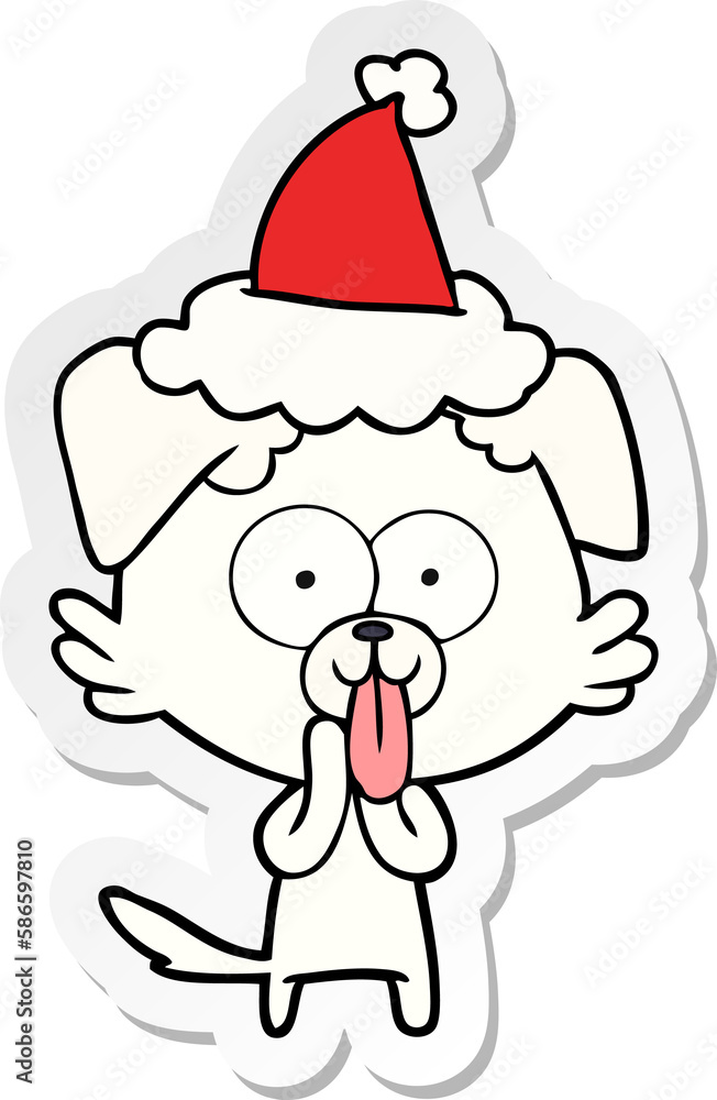 sticker cartoon of a dog with tongue sticking out wearing santa hat sticker cartoon of a dog with tongue sticking out wearing santa hat