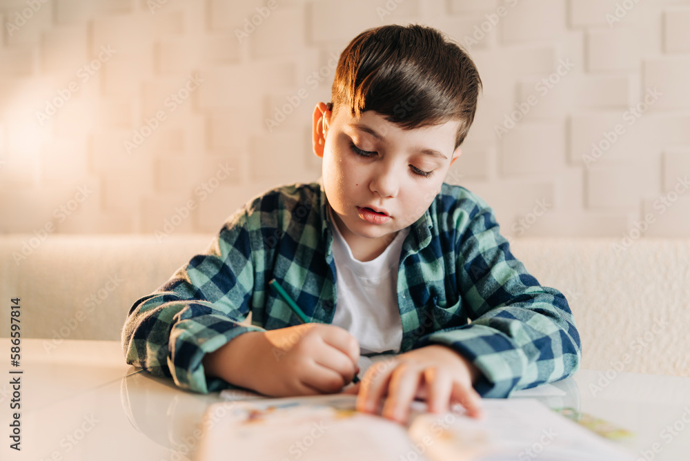 Kid school boy doing homework at home. Remote education. Reading writing subjects Kid school boy doing homework at home. Remote education. Reading writing subjects