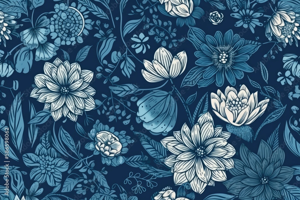 blue and white flower pattern on a blue background. Generative AI