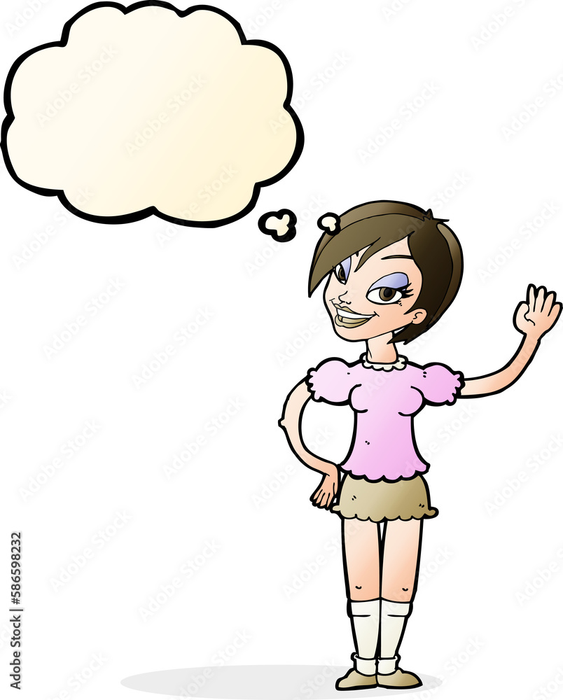 cartoon waving woman with thought bubble cartoon waving woman with thought bubble