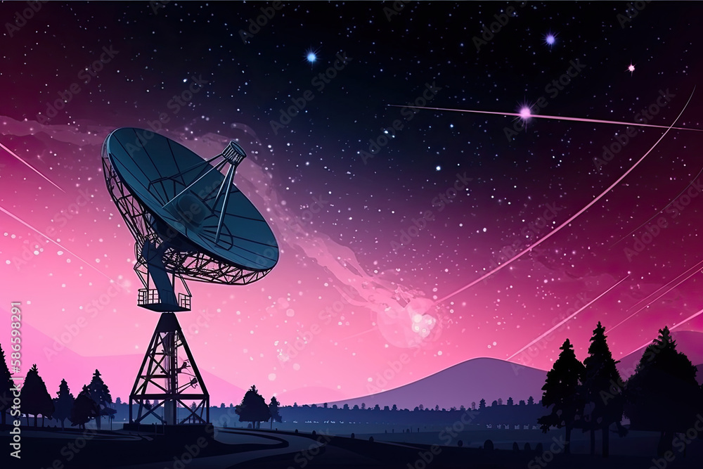 Radio telescope at starry night. Antenna for of space signals research. Space observatory. Created with Generative AI Radio telescope at starry night. Antenna for of space signals research. Space observatory. Created with Generative AI