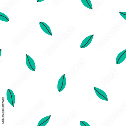 Hand drawn cute spring botany seamless pattern with leaves. Flat vector ecology abstract print design in colorful doodle style. Repeated background with nature, green foliage, wrapping or wallpaper.