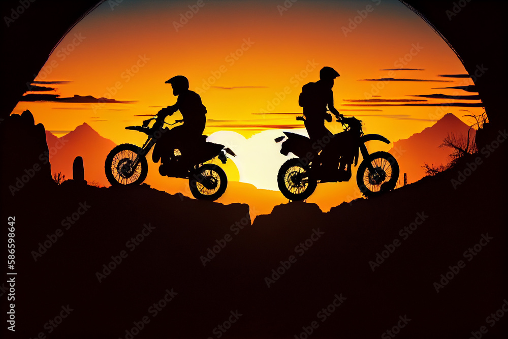 Silhouette of a sports motorbike on a mountainous area at sunset. AI Generated
