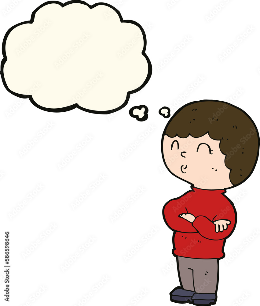 cartoon boy with folded arms with thought bubble cartoon boy with folded arms with thought bubble
