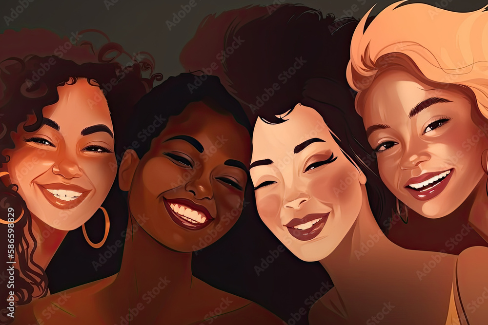 Multiracial women standing together and smiling at camera, flat style. Portrait of interracial female models. Diversity concept. Created with Generative AI Multiracial women standing together and smiling at camera, flat style. Portrait of interracial female models. Diversity concept. Created with Generative AI