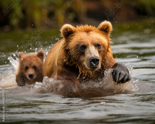 Big brown mother bear and her adorable cub in the natural habitat. Wild animals crossing the river. Generative AI.