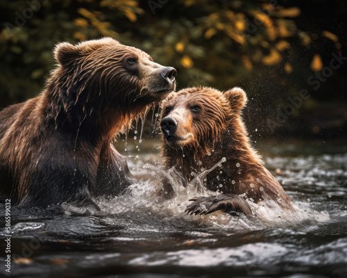 Two brown bears swimming in the river. Wild animals in the splashes of water. Blurred nature backdrop. Generative AI.