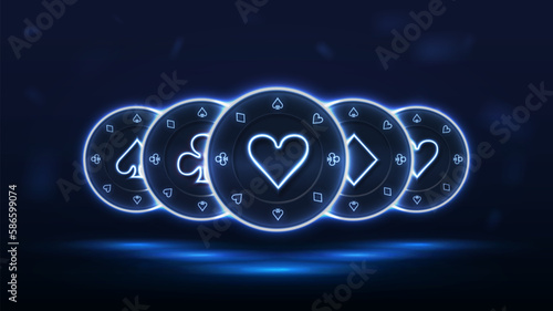 Neon casino chips with logos: spades, hearts, diamonds, crosses.