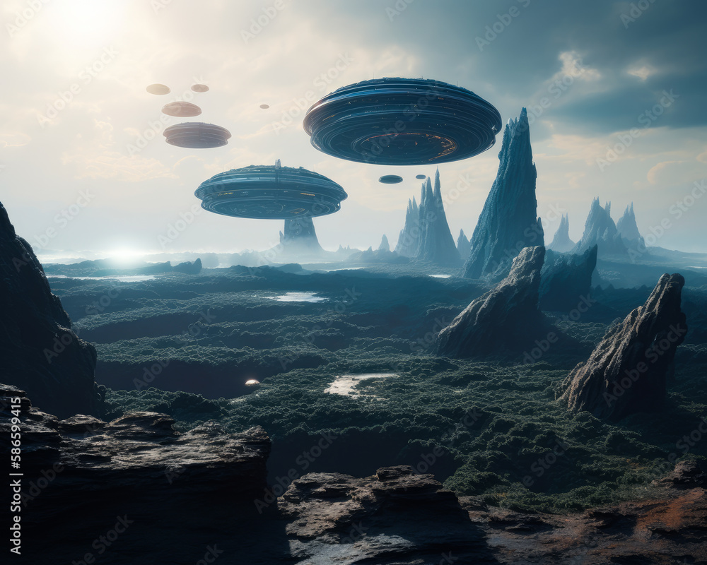 Flying saucers soaring in the air over the rocky landscape. Spiky mounts sticking out of lush