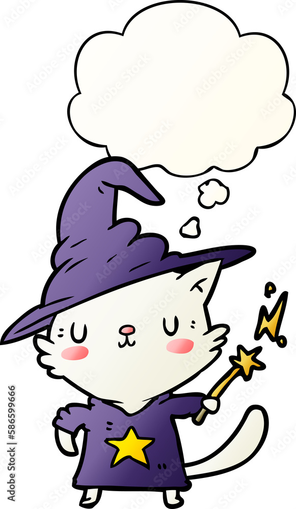 Obraz premium cartoon cat wizard and thought bubble in smooth gradient style