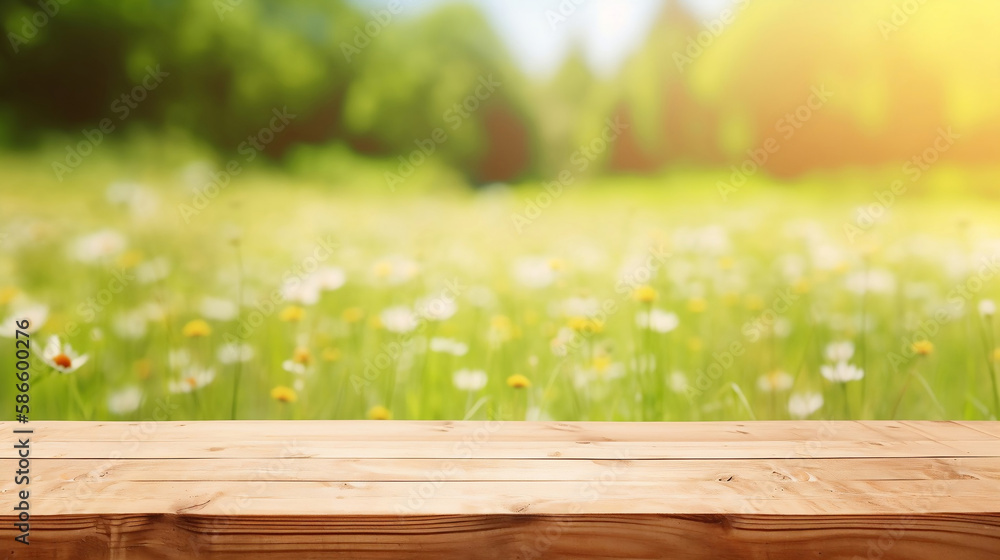 Fototapeta premium Wooden table background on sunny meadow with wildflowers blurred view. Generated AI