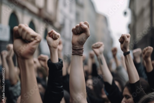 Protesters raising their fist and shouting in a blurry cityscape background. Human movement and protest concept with realistic fists. Human protesting in a city by raising their fists. Generative AI.