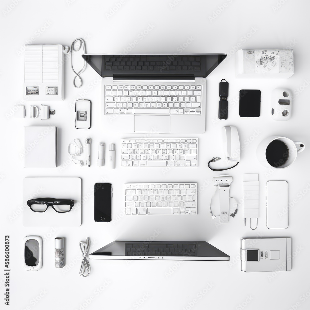 Layout of modern gadgets and accessories of white color at white backdrop. Top view of the things arranged straightforward. Generative AI. Layout of modern gadgets and accessories of white color at white backdrop. Top view of the things arranged straightforward. Generative AI.