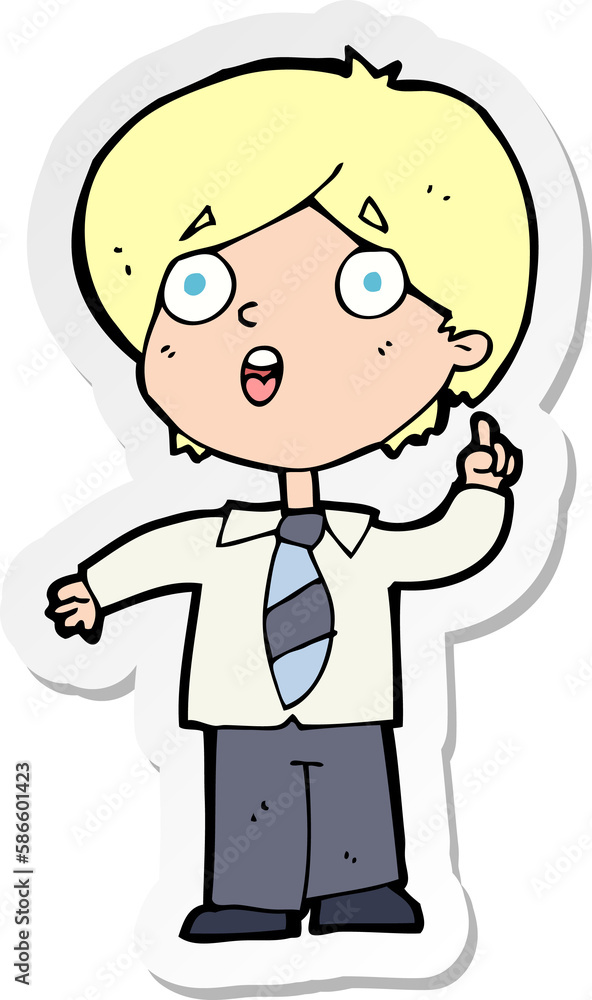 sticker of a cartoon schoolboy answering question sticker of a cartoon schoolboy answering question