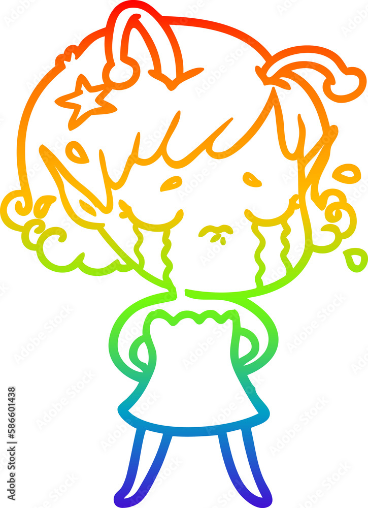 rainbow gradient line drawing cartoon crying alien girl