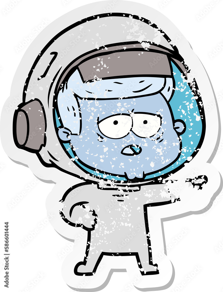 distressed sticker of a cartoon tired astronaut distressed sticker of a cartoon tired astronaut