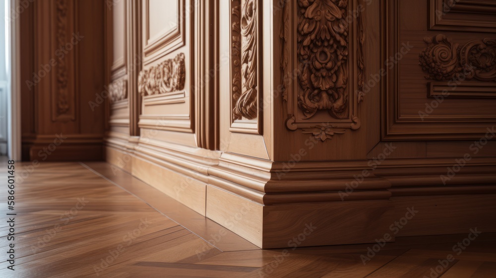 Fototapeta premium house detail design wooden floor and wall moulding treatment detail daytime, image ai generate