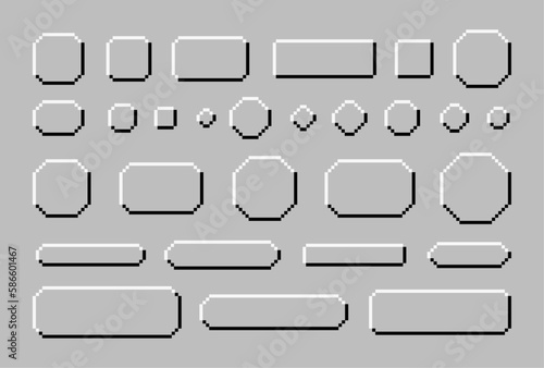 Pixel 8 bit button vector set. 8bit collection of pixelated buttons containers. isolated. No background pixel art.	
