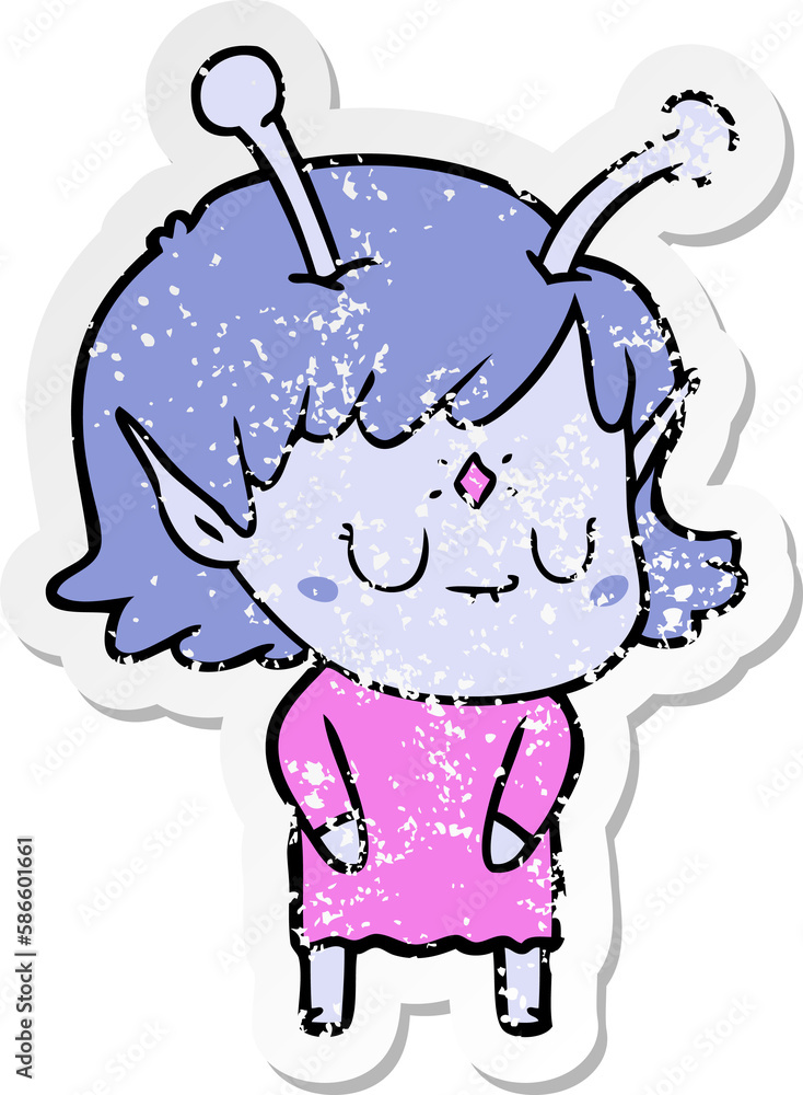 distressed sticker of a cartoon alien girl distressed sticker of a cartoon alien girl