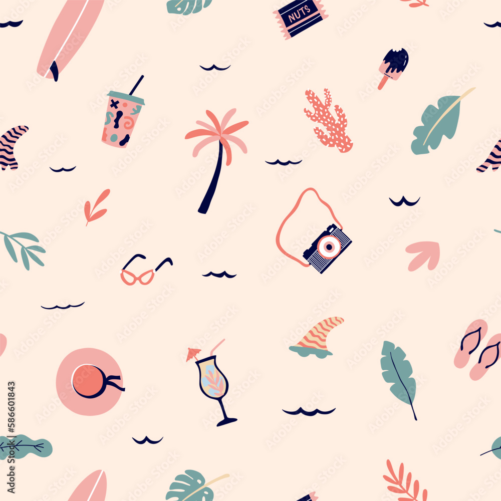 Seamless pattern with summer elements. Creative vector texture with fin, surfing, monstera, palm tree, hat, sunglasses, camera. Vector illustration for paper, cover, fabric, interior decor.
