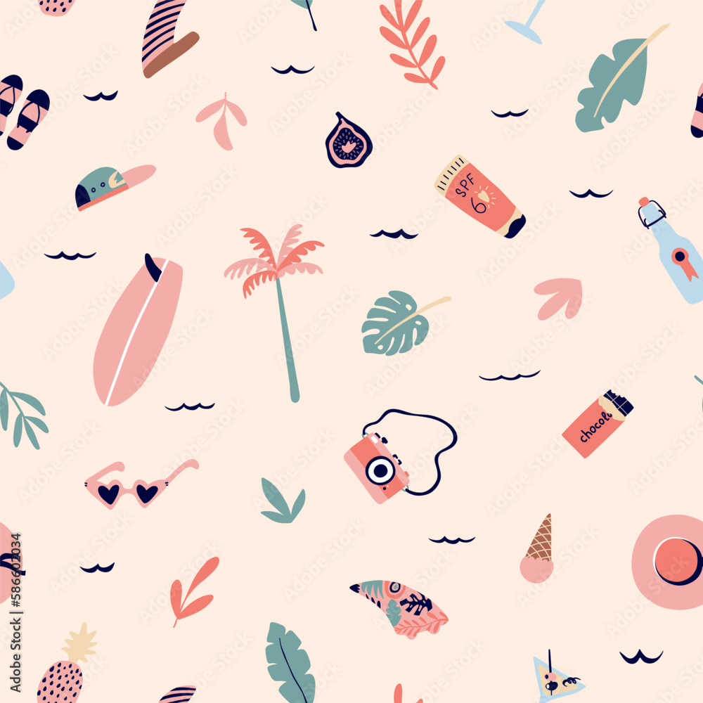 Summer seamless pattern with hipster elements. Creative vector texture with fin, surfing, monstera, palm tree, hat, sunglasses, camera. Vector illustration for paper, cover, fabric, interior decor.