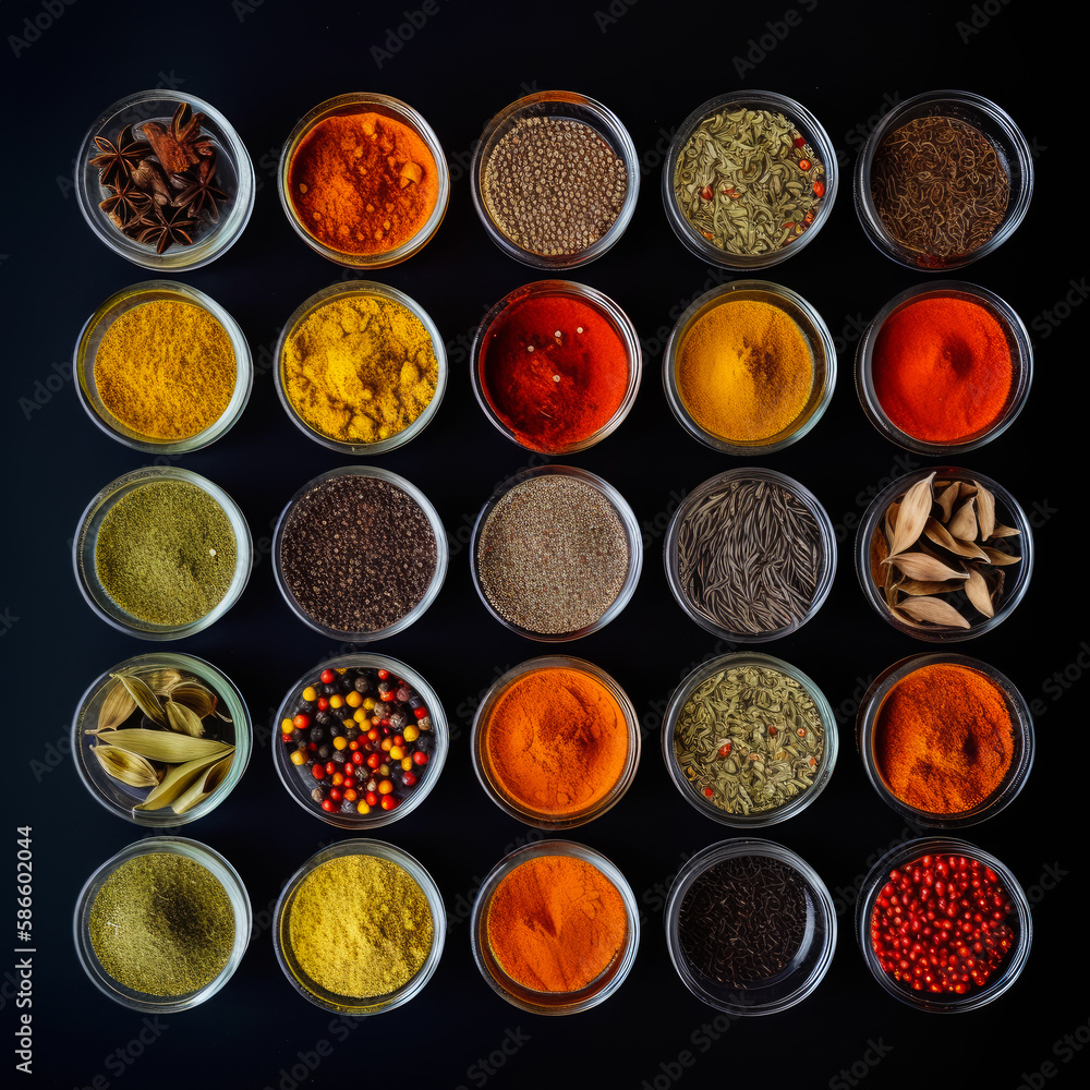 Jars filled with spices and arranged in a square. Colorful spices and herbs variety from top view. Black backdrop. Generative AI. Jars filled with spices and arranged in a square. Colorful spices and herbs variety from top view. Black backdrop. Generative AI.