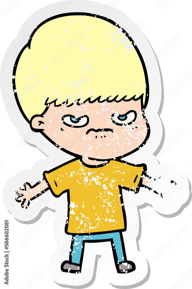 distressed sticker of a annoyed cartoon boy distressed sticker of a annoyed cartoon boy