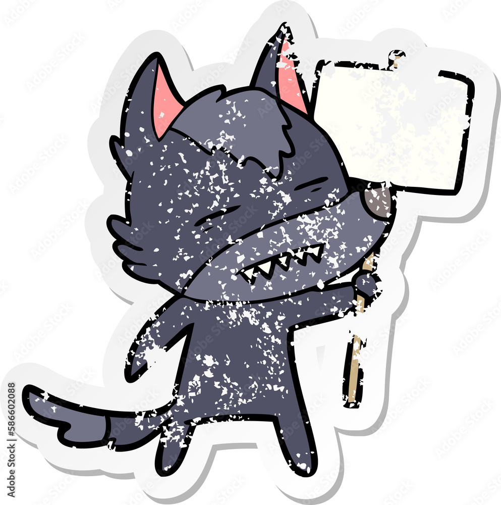 Obraz premium distressed sticker of a cartoon wolf with sign post showing teeth