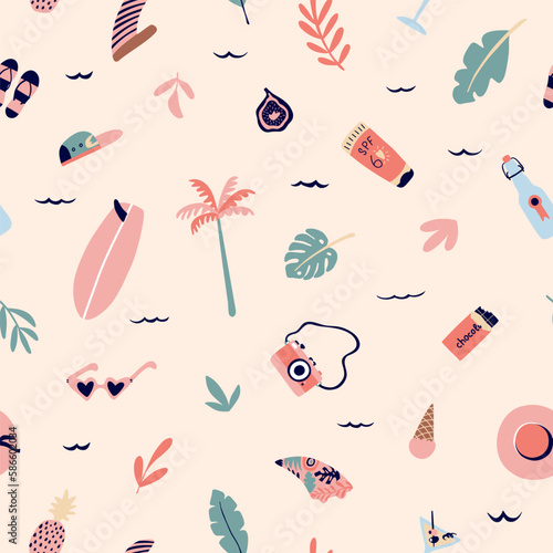 Summer seamless pattern with hipster elements. Creative vector texture with fin, surfing, monstera, palm tree, hat, sunglasses, camera. Vector illustration for paper, cover, fabric, interior decor.