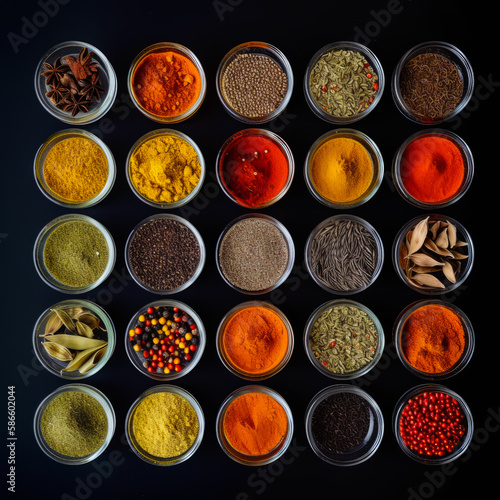 Jars filled with spices and arranged in a square. Colorful spices and herbs variety from top view. Black backdrop. Generative AI.