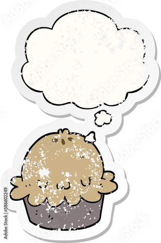 cute cartoon pie and thought bubble as a distressed worn sticker