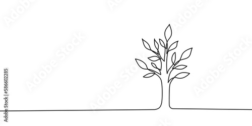 Tree plant doodle outline vector forest environment. Continuous one line tree plant for eco, nature, garden logo design. Ecology green concept, background. Vector illustration