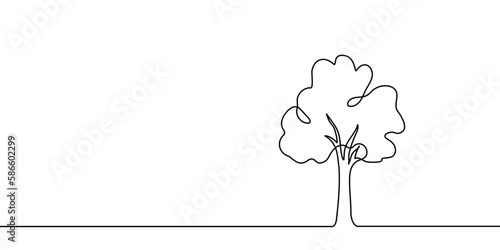 Tree plant doodle outline vector forest environment. Continuous one line tree plant for eco, nature, garden logo design. Ecology green concept, background. Vector illustration