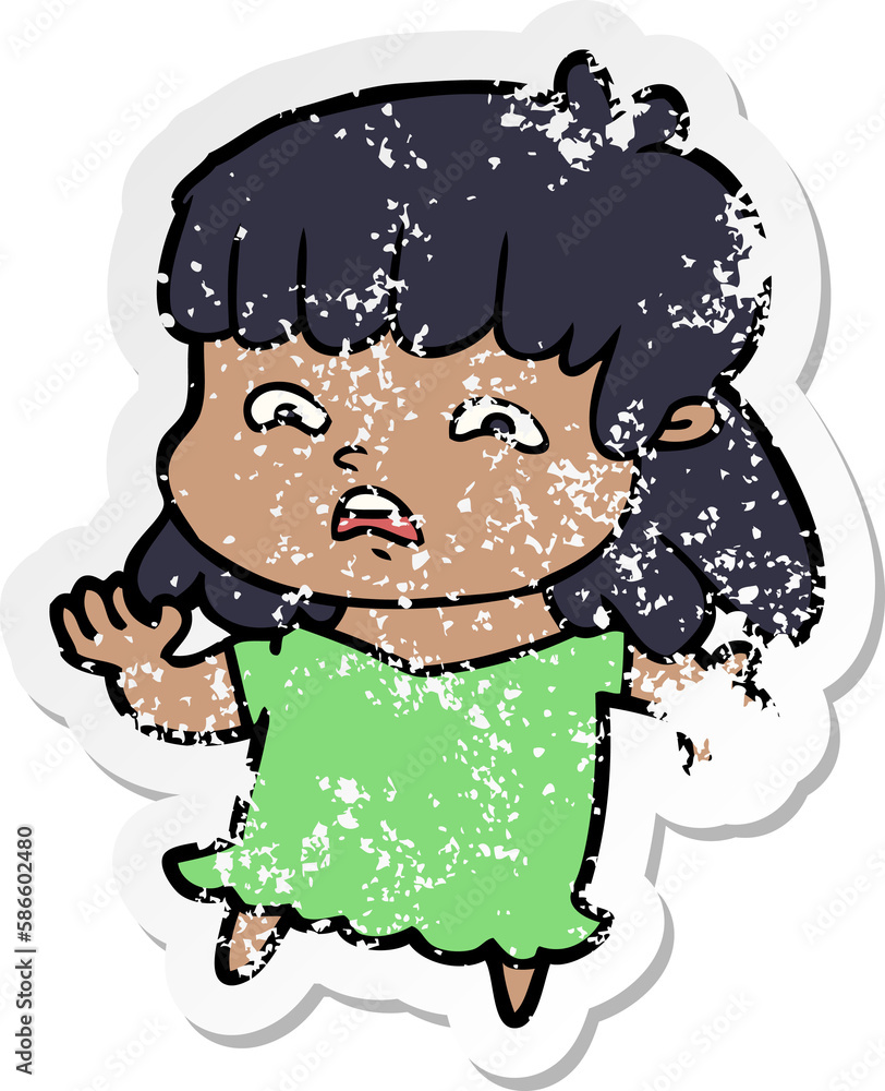 distressed sticker of a cartoon worried woman distressed sticker of a cartoon worried woman