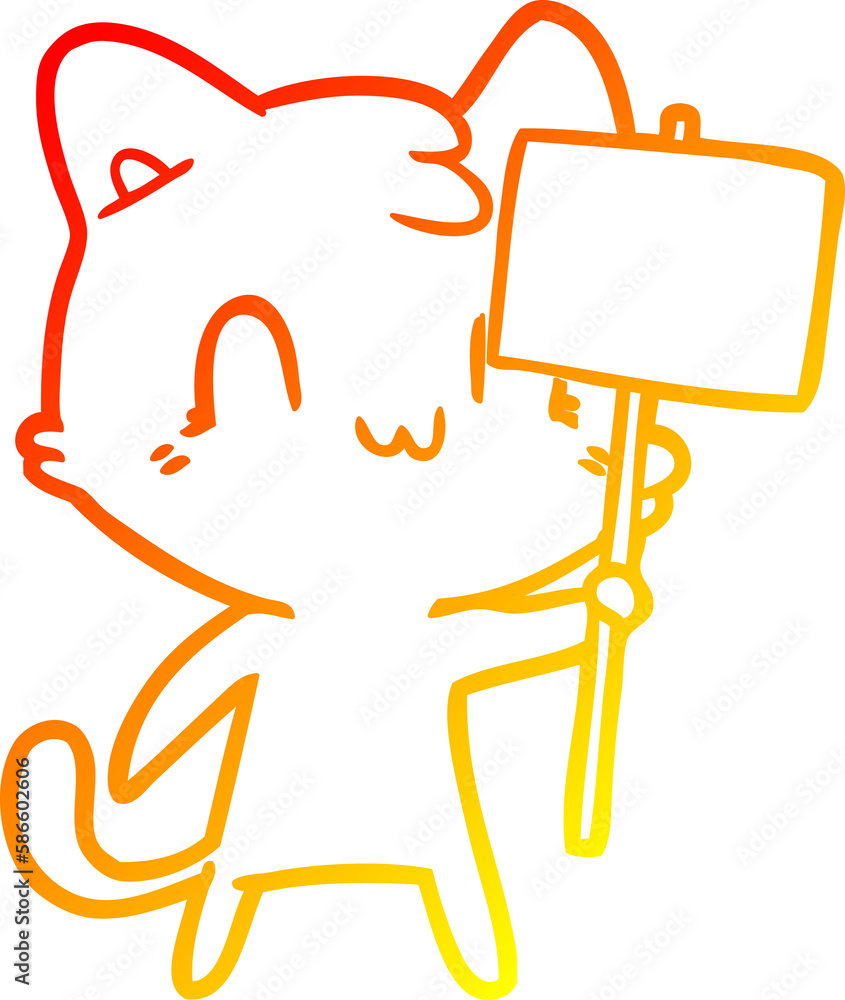warm gradient line drawing cartoon happy cat with blank sign warm gradient line drawing cartoon happy cat with blank sign